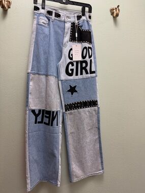 Trendy Patchwork Flare Jeans with Studded Accents